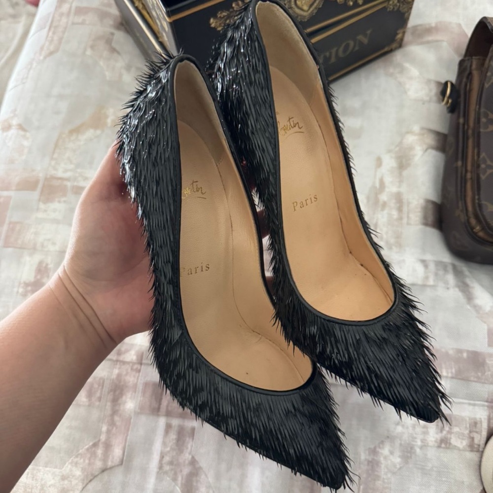 SOLD Christian Louboutin Black Feathered Pumps